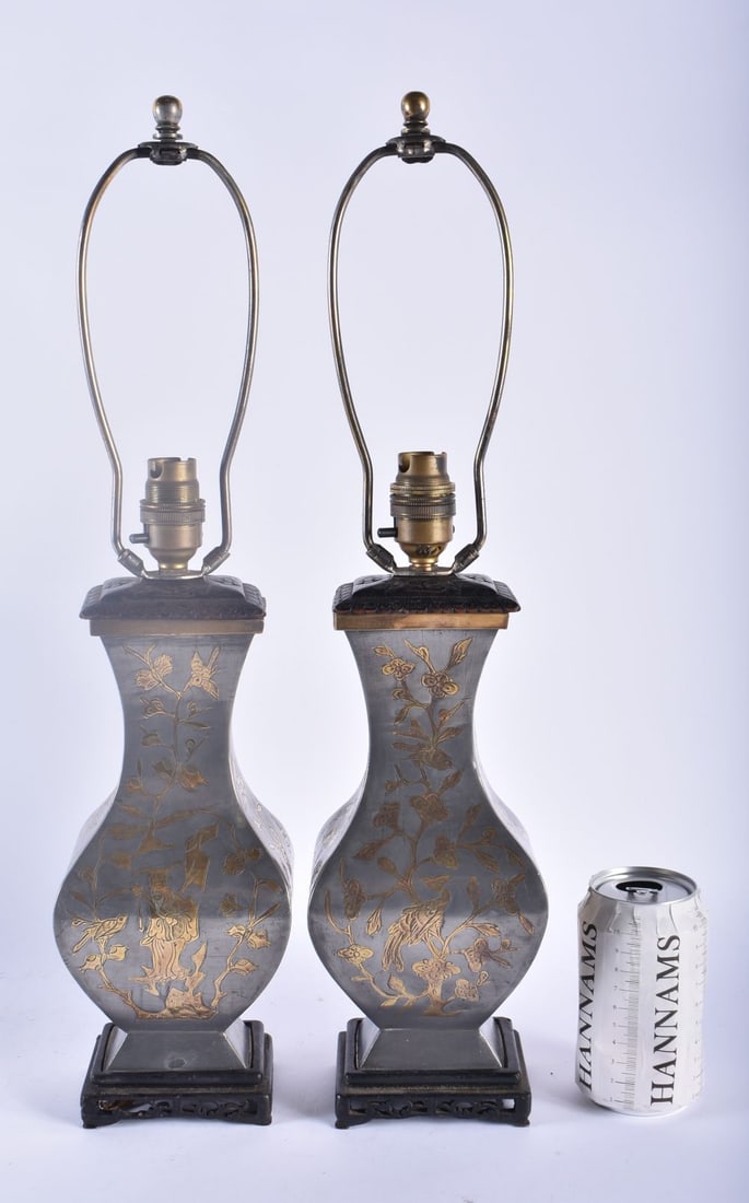 A LARGE PAIR OF 19TH CENTURY CHINESE PEWTER LAMPS Qing, decorated with figures, birds and foliage. 4 (1 of 6)