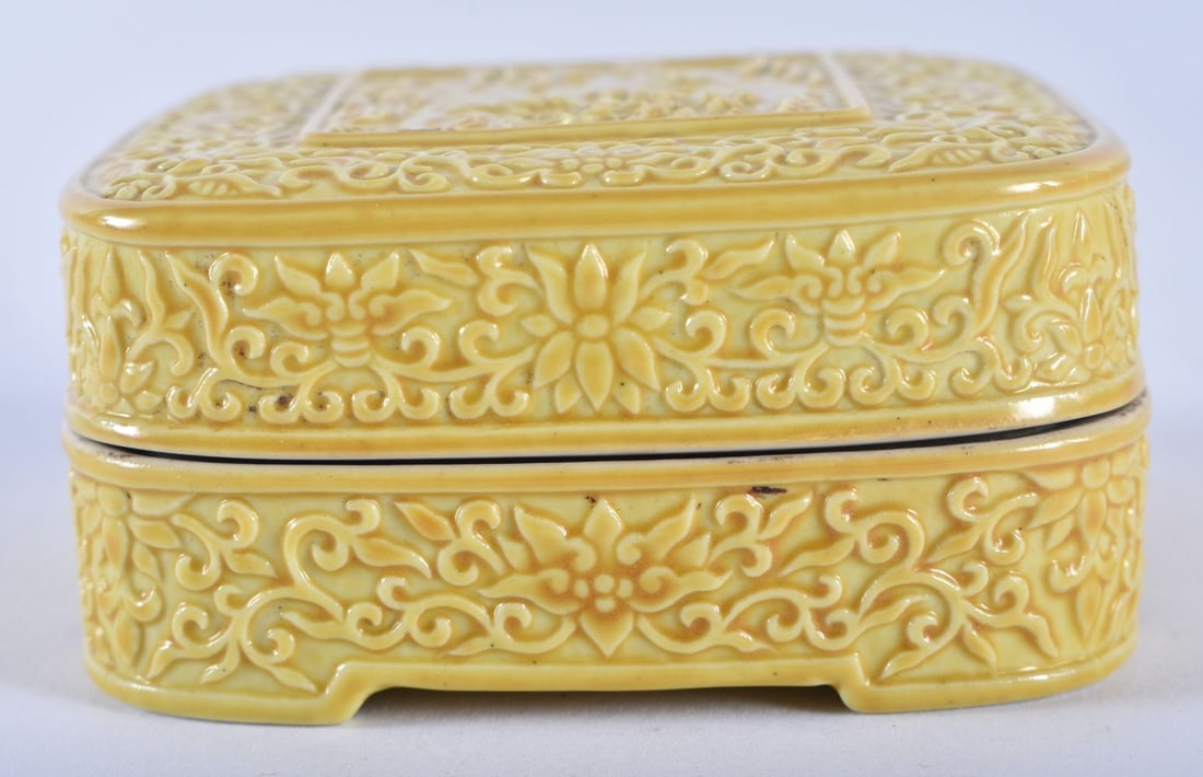 A 19TH CENTURY CHINESE IMPERIAL YELLOW GLAZED BOX AND COVER bearing Qianlong marks to base. 7 cm squ (1 of 5)