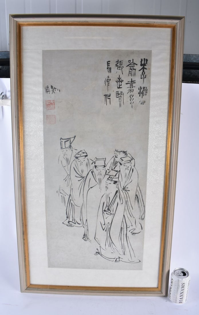 Attributed to Su Ren Shan (1814-1849) Ink watercolour, Six immortals. 93 cm x 48 cm.: Attributed to Su Ren Shan (1814-1849) Ink watercolour, Six immortals. 93 cm x 48 cm.