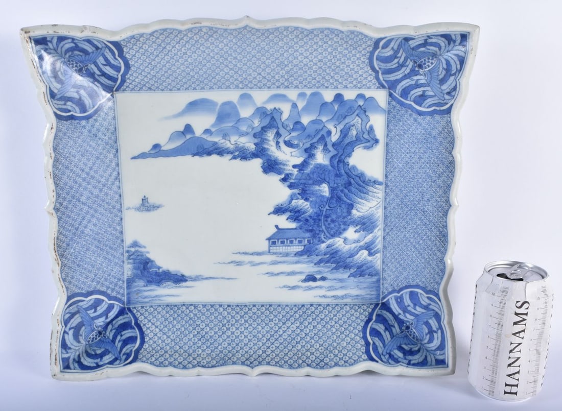 A VERY LARGE 19TH CENTURY JAPANESE MEIJI PERIOD BLUE AND WHITE RECTANGULAR TRAY painted with a house (1 of 4)