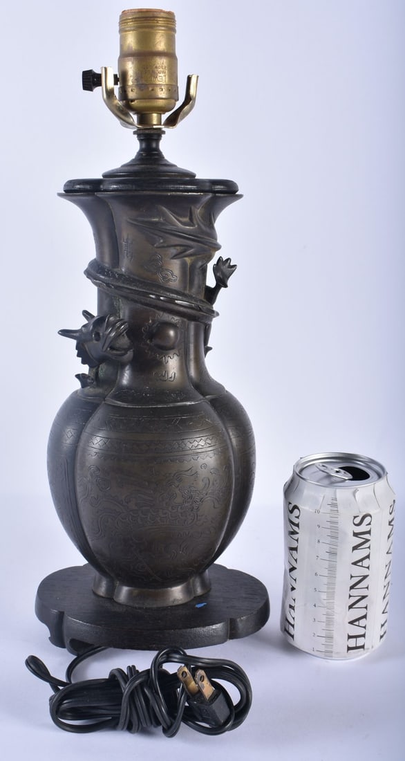 A 19TH CENTURY CHINESE BRONZE COUNTRY HOUSE DRAGON LAMP Qing. 37 cm high. (1 of 7)