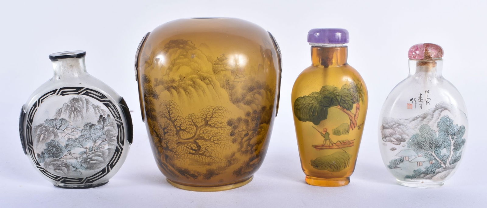FOUR EARLY 20TH CENTURY CHINESE REVERSE PAINTED SNUFF BOTTLES Late Qing/Republic. Largest 9 cm x 6 c (1 of 5)