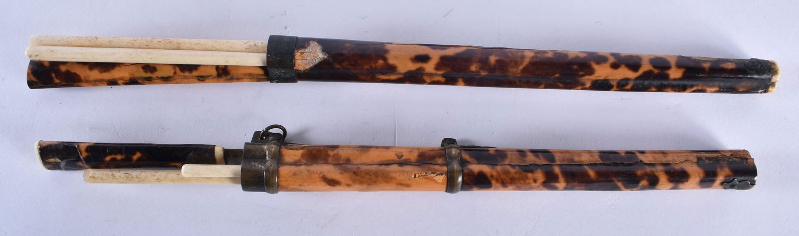 A PAIR OF 19TH CENTURY CHINESE CARVED TORTOISESHELL CHOPSTICK HOLDERS. 27 cm long. (1 of 3)