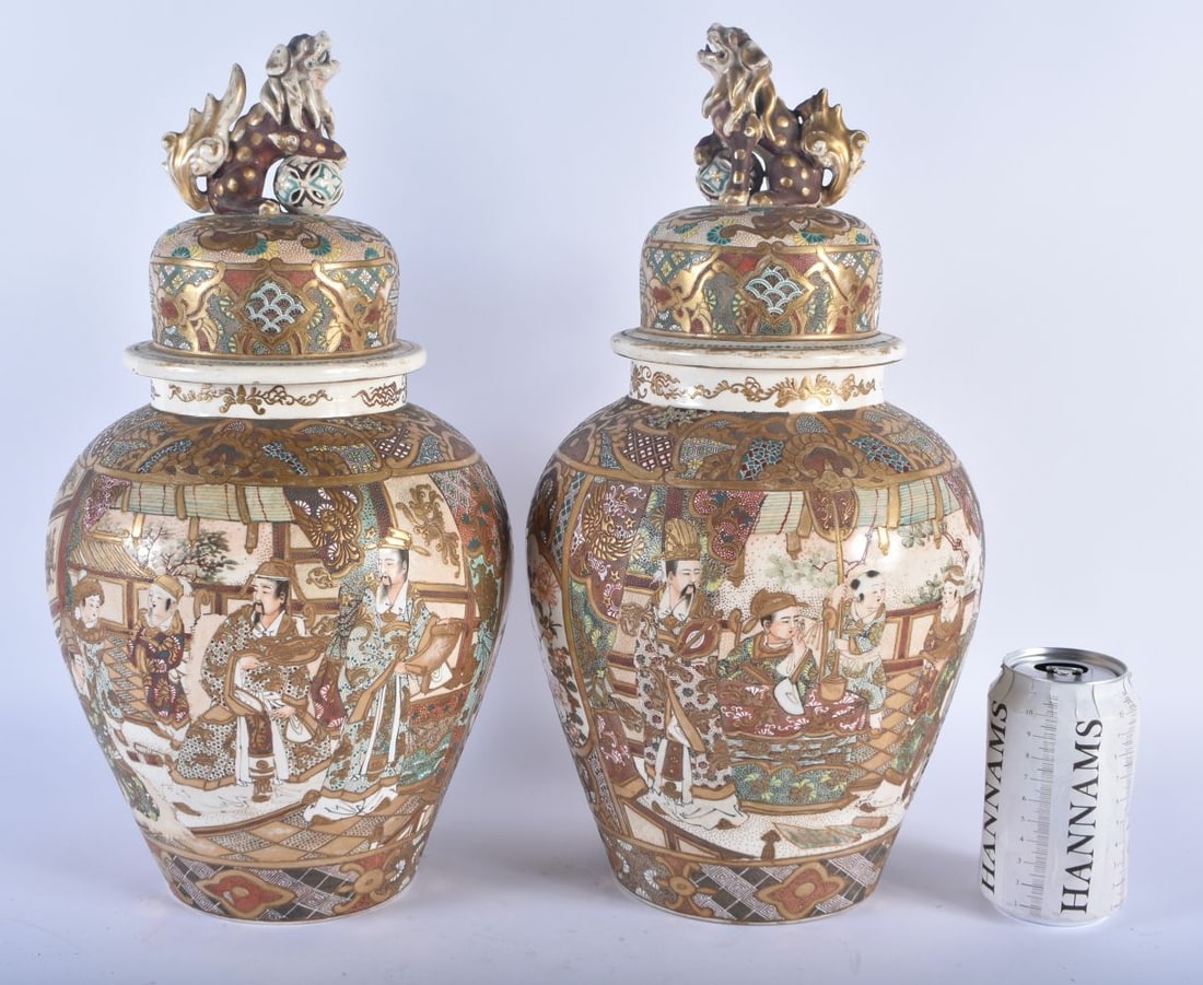 A LARGE PAIR OF LATE 19TH CENTURY JAPANESE MEIJI PERIOD SATSUMA VASES AND COVERS painted with figure (1 of 5)