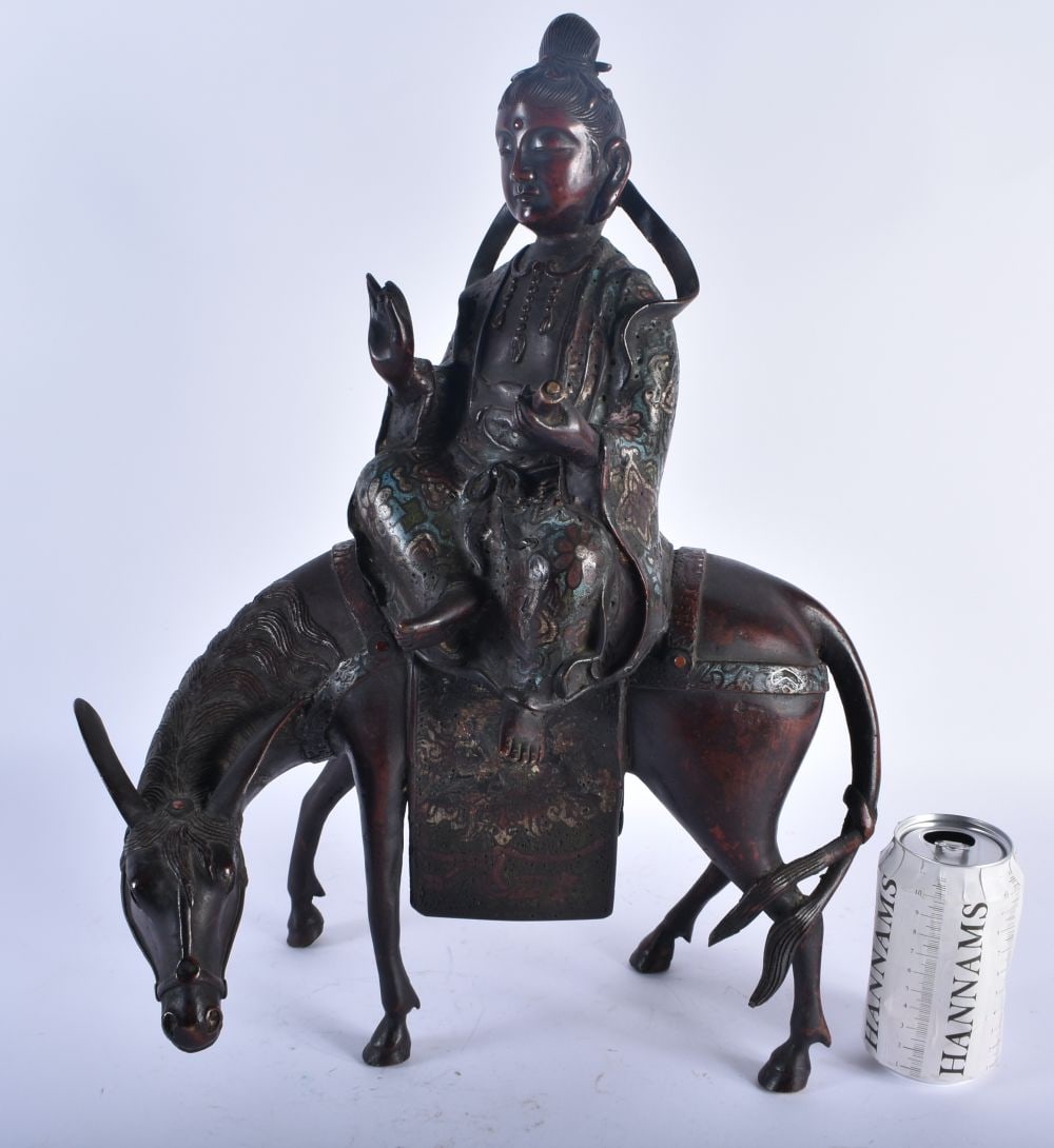 A LARGE 19TH CENTURY CHINESE CHAMPLEVE ENAMEL BRONZE FIGURE Qing, modelled as an immortal upon a hor (1 of 8)