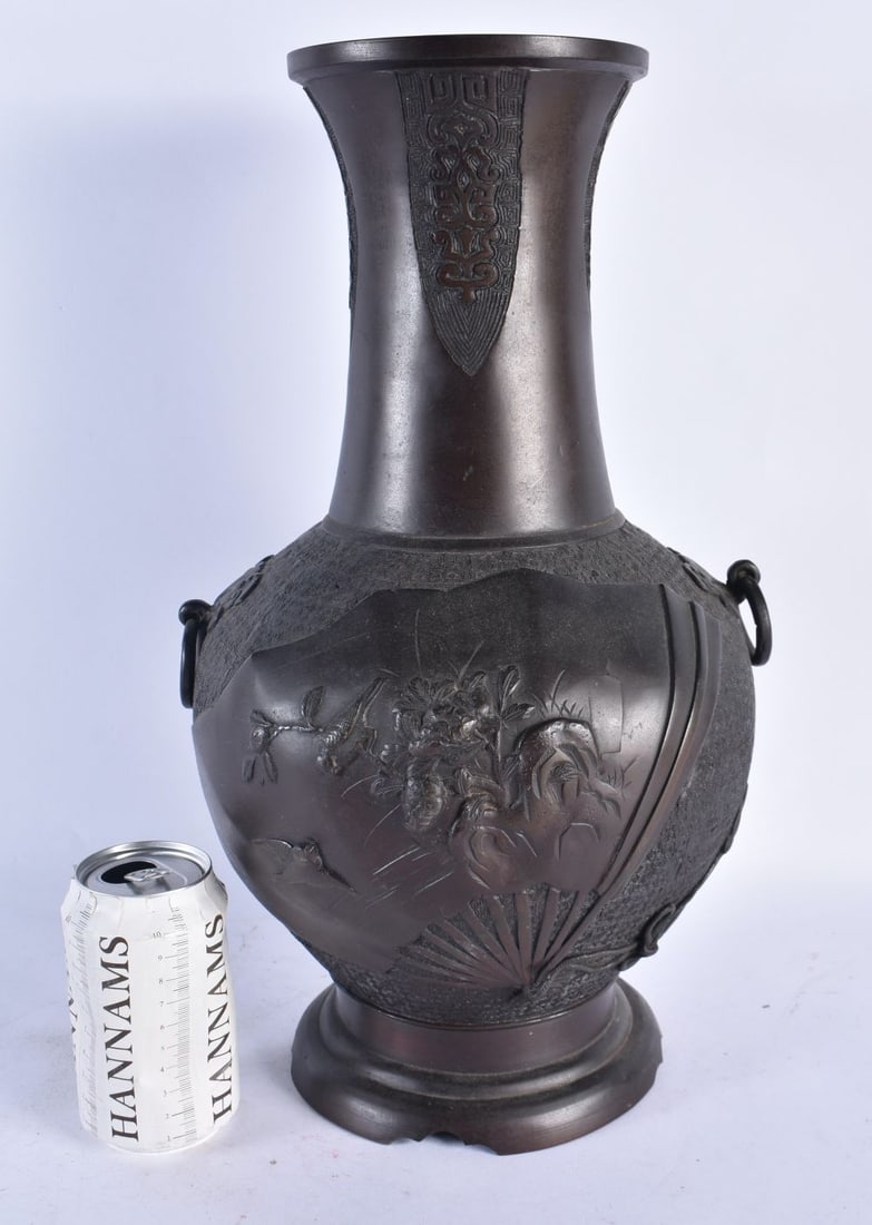 A LARGE 19TH CENTURY JAPANESE MEIJI PERIOD BRONZE VASE decorated with birds and foliage. 42 cm x 20 (1 of 7)