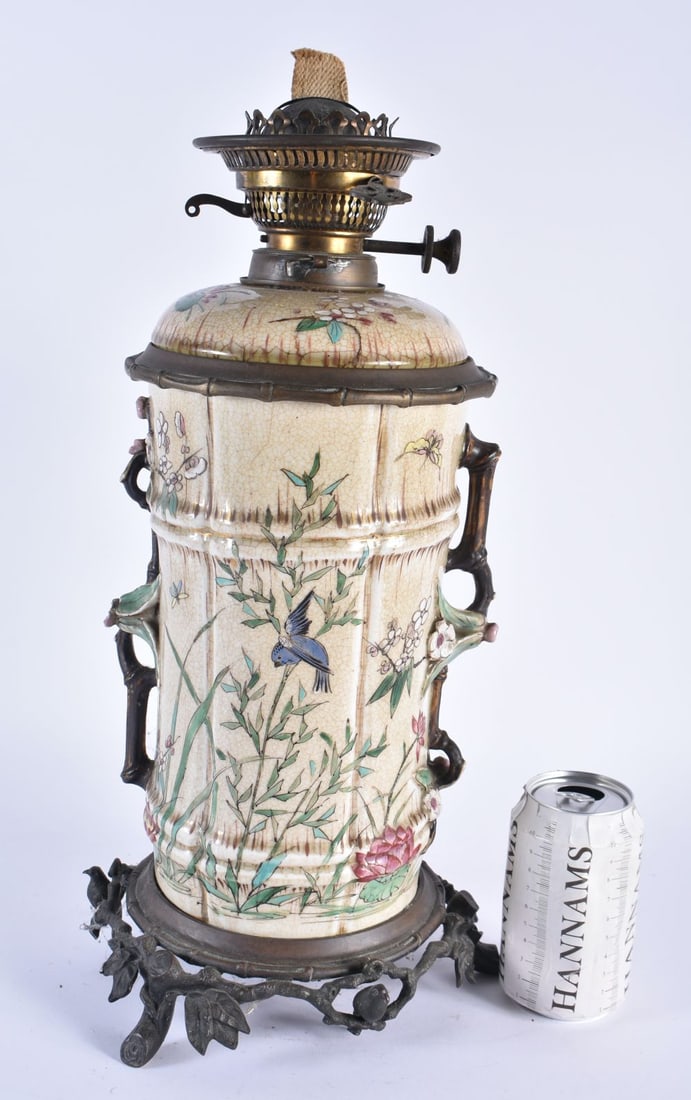 A LARGE 19TH CENTURY JAPANESE MEIJI PERIOD SATSUMA OIL LAMP painted with birds and flowers. 44 cm x: A LARGE 19TH CENTURY JAPANESE MEIJI PERIOD SATSUMA OIL LAMP painted with birds and flowers. 44 cm x 14 cm.