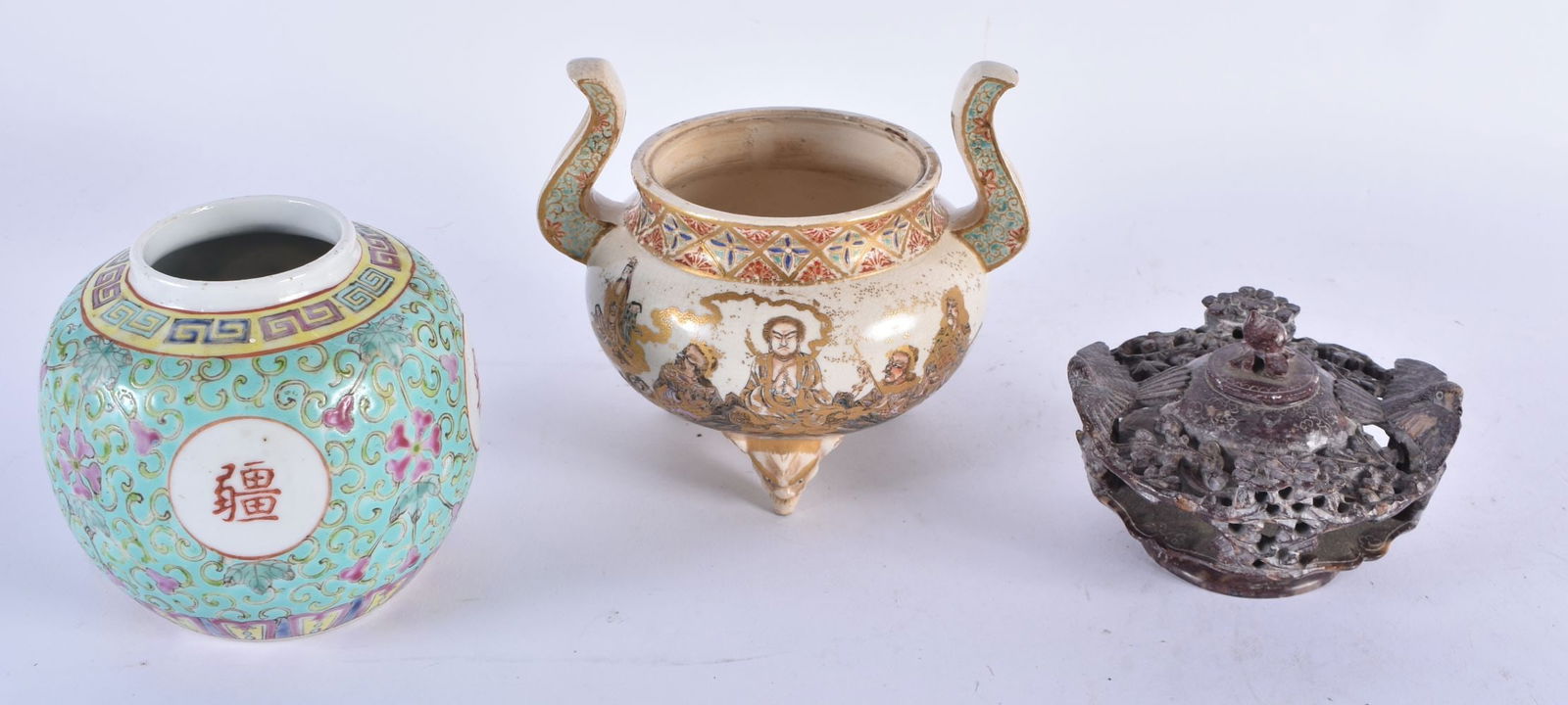 A 19TH CENTURY JAPANESE MEIJI PERIOD SATSUMA CENSER together with a ginger jar & soapstone censer. L: A 19TH CENTURY JAPANESE MEIJI PERIOD SATSUMA CENSER together with a ginger jar & soapstone censer. Largest 13 cm wide. (3)