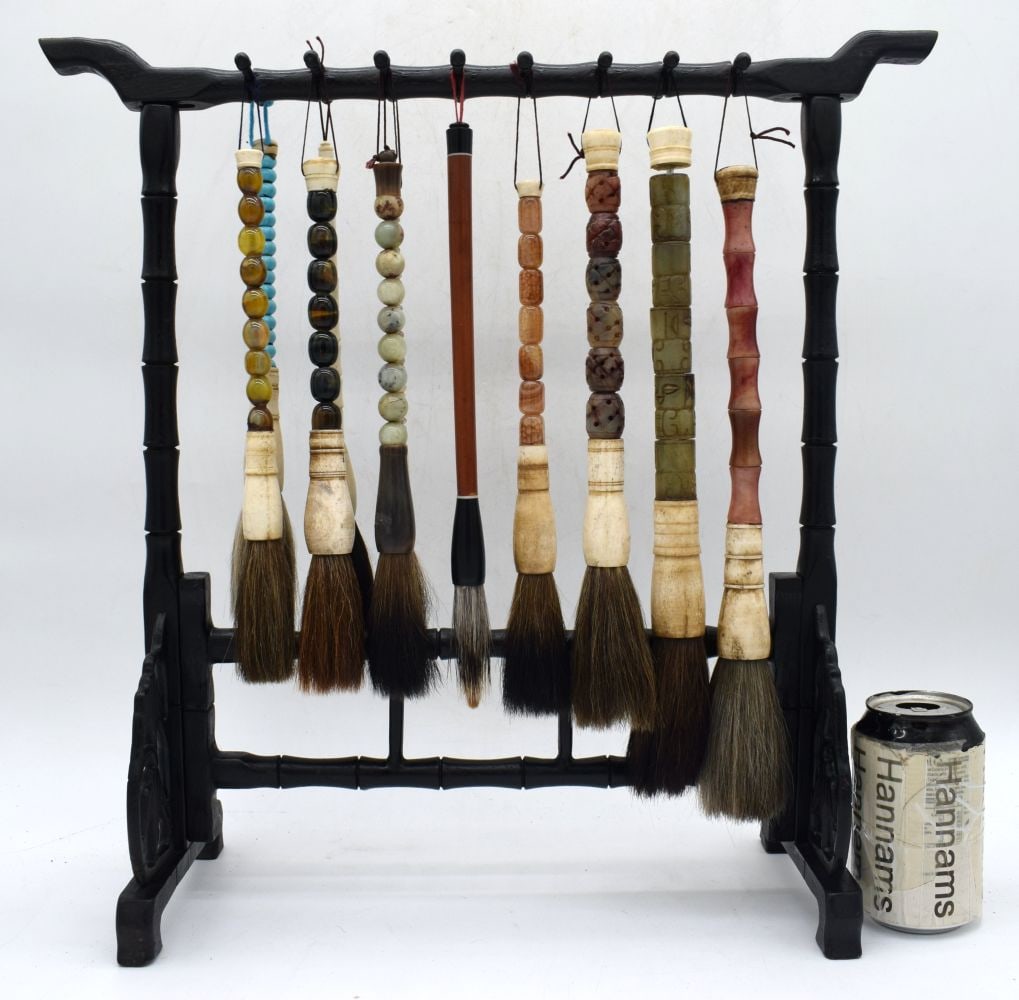 A Chinese hardwood Scholars brush stand with a collection of brushes with different handles Jade, ha (1 of 6)