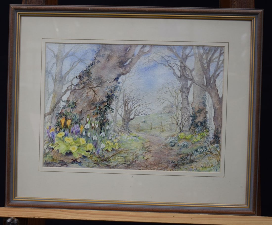 Rosemary Jackson (British) Framed watercolour "Path to the field gate in spring " 24 x 34 cm (1 of 4)