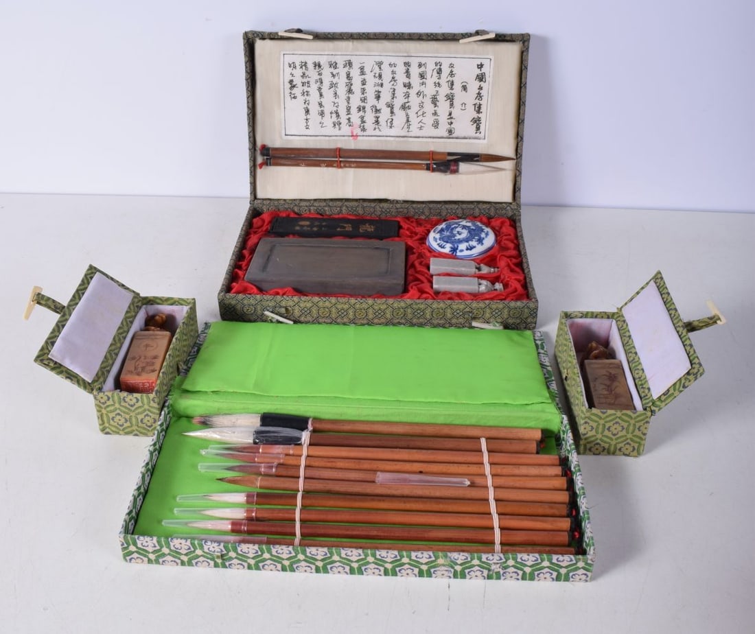 A Chinese Calligraphy set together with related seals and scholars pens 25 x 15 cm. (4). (1 of 5)