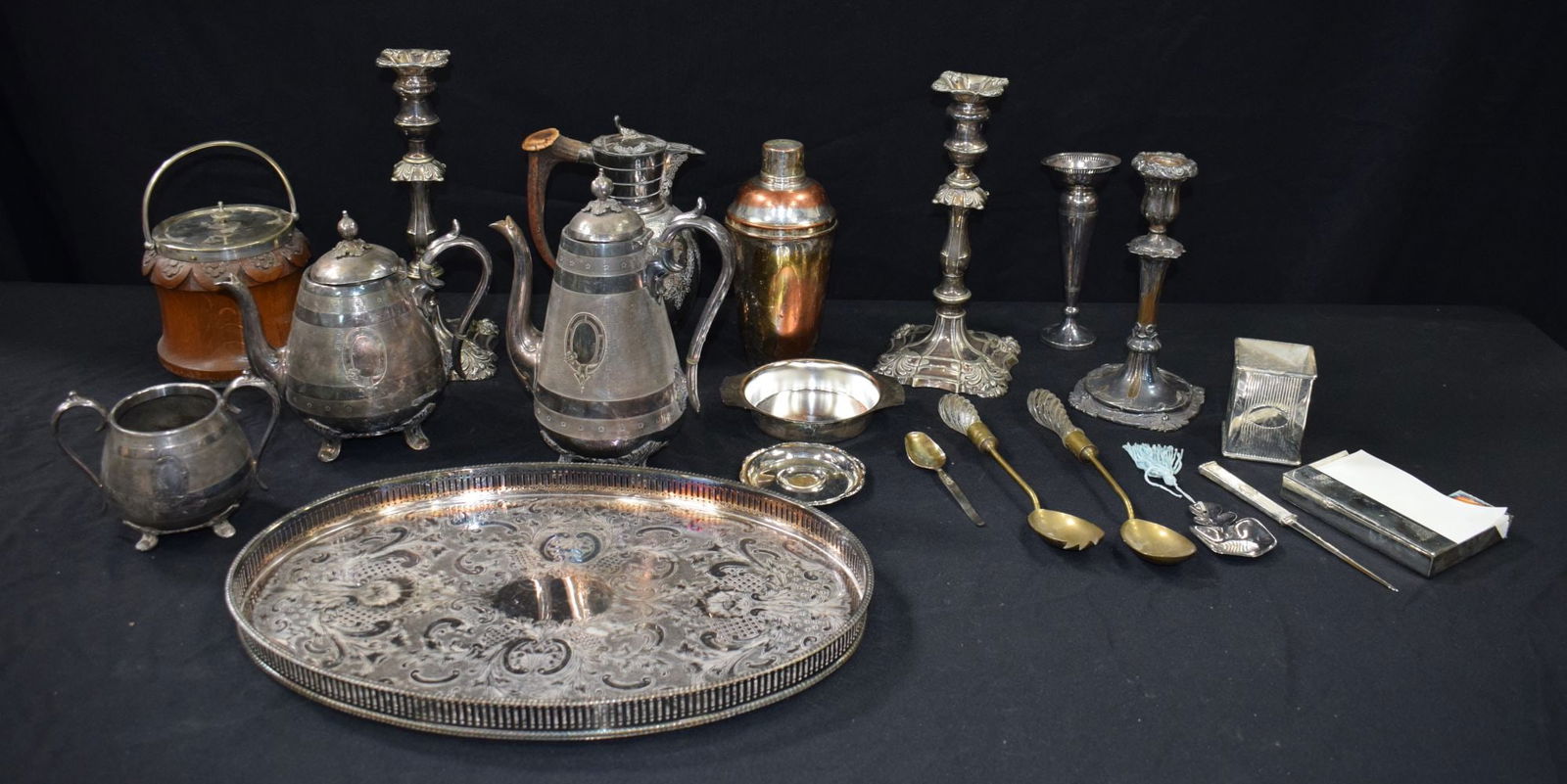A large collection of Silver plated and other metal items, Candle sticks, Tea pots,trays etc 46 x 30 (1 of 6)