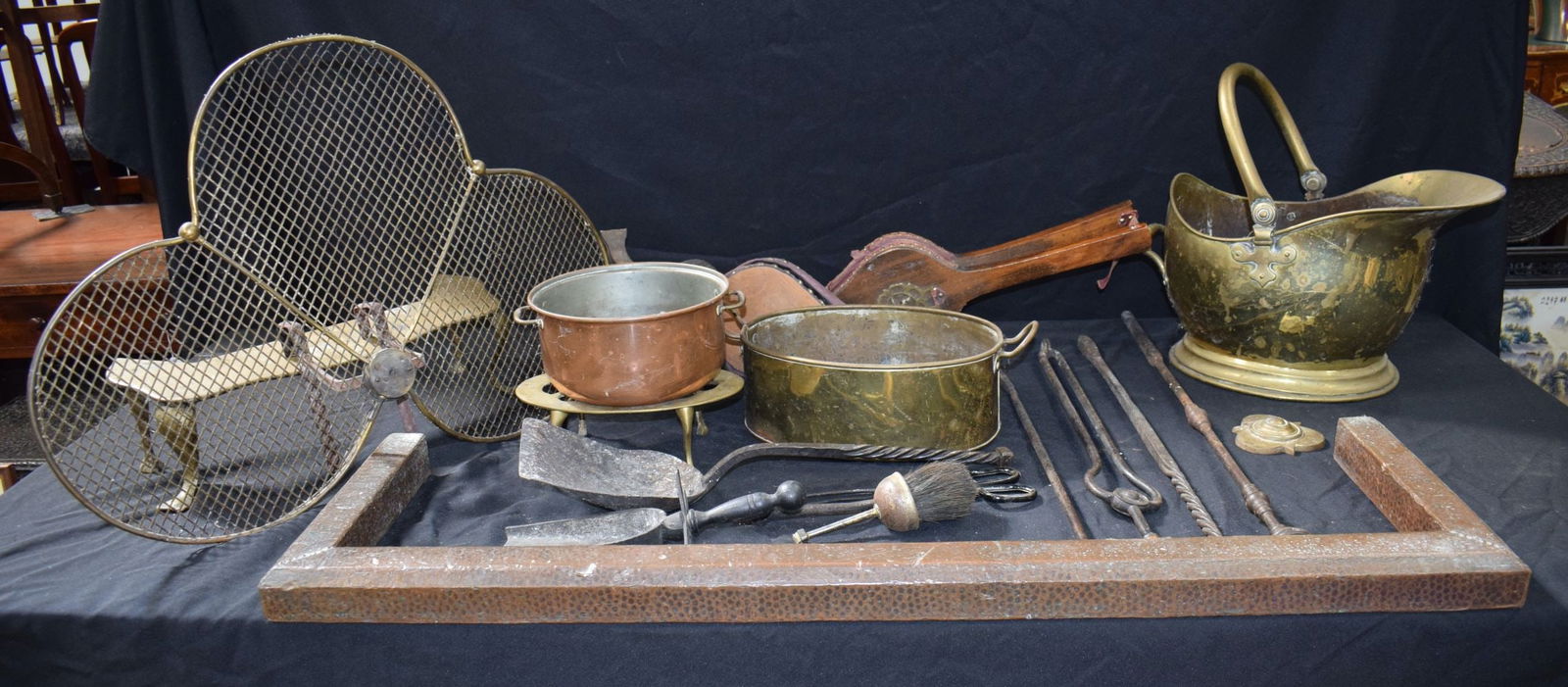 A large collection of Vintage Fireside Implements, Irons, Coal buckets,Bellows etc (Qty): A large collection of Vintage Fireside Implements, Irons, Coal buckets,Bellows etc (Qty)