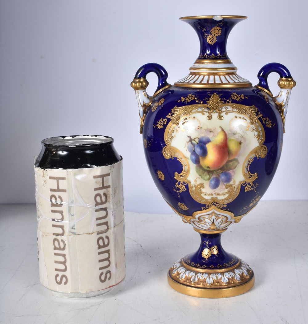 A Royal Worcester vase decorated with a central Cartouche of fruit signed Seabright 21 cm (1 of 7)