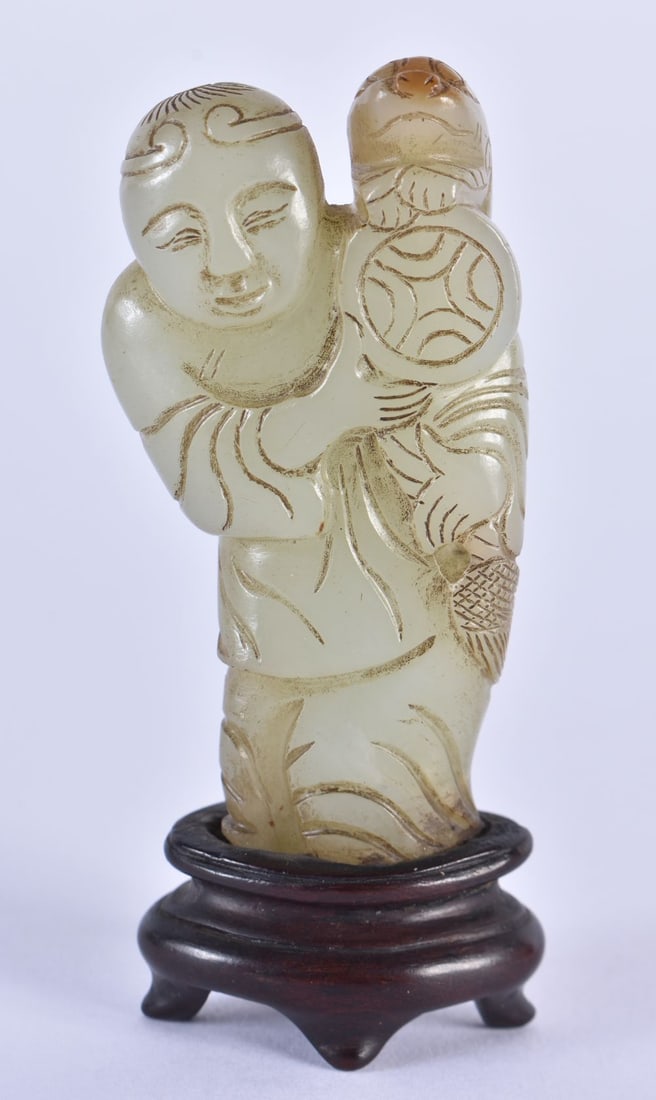 A LOVELY 19TH CENTURY CHINESE CARVED GREEN JADE FIGURE OF A STANDING MALE Qing, modelled holding a s (1 of 4)