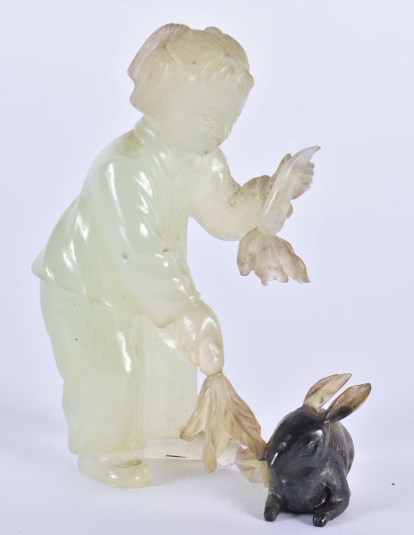 A CHARMING EARLY 20TH CENTURY CHINESE CARVED TWO TONE GREEN JADE FIGURE Late Qing/Republic, modelled (1 of 5)
