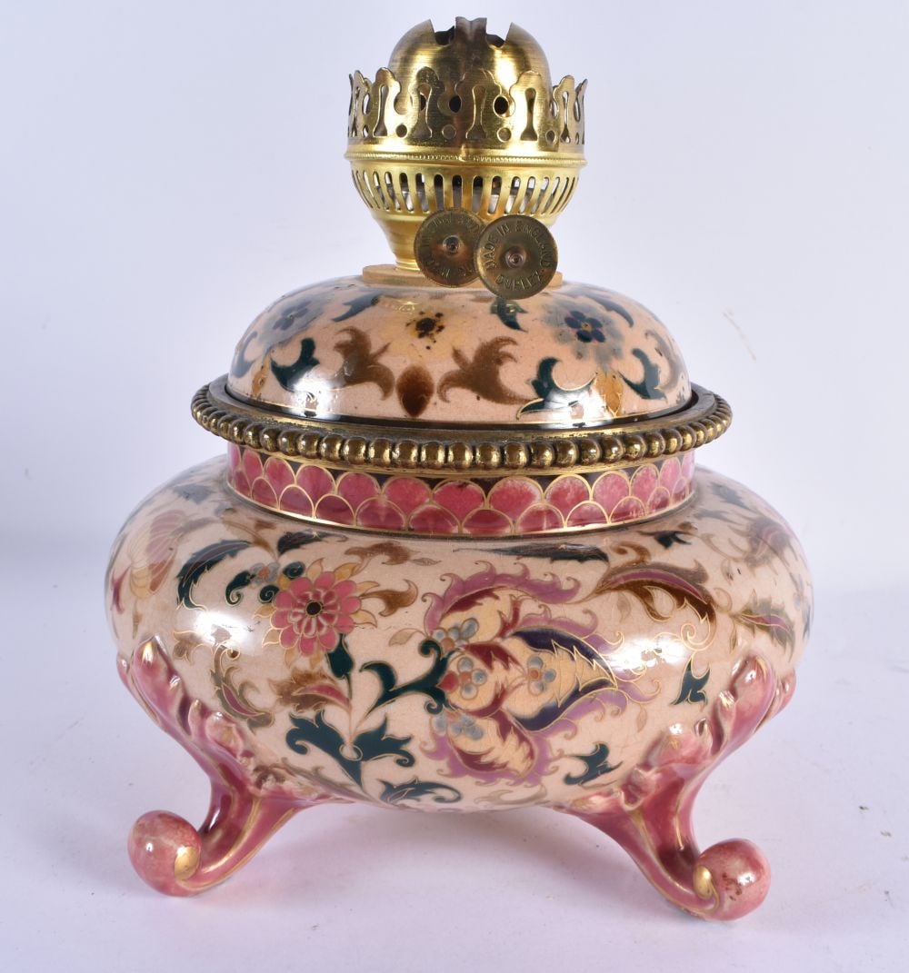 A VERY RARE 19TH CENTURY HUNGARIAN ZSOLNAY PECS OIL BURNER LAMP painted with floral sprays in the Is (1 of 8)