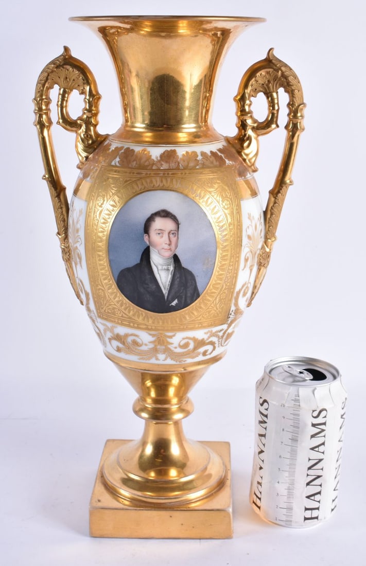 A LARGE EARLY 19TH CENTURY FRENCH PARIS PORCELAIN TWIN HANDLED VASES beautifully painted with a hand (1 of 7)