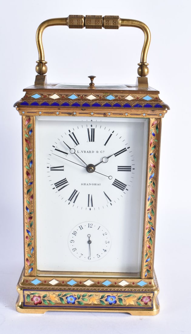 A VERY GOOD 19TH CENTURY FRENCH CHINESE MARKET ENAMELLED GILT BRONZE REPEATING CARRIAGE CLOCK the di (1 of 7)