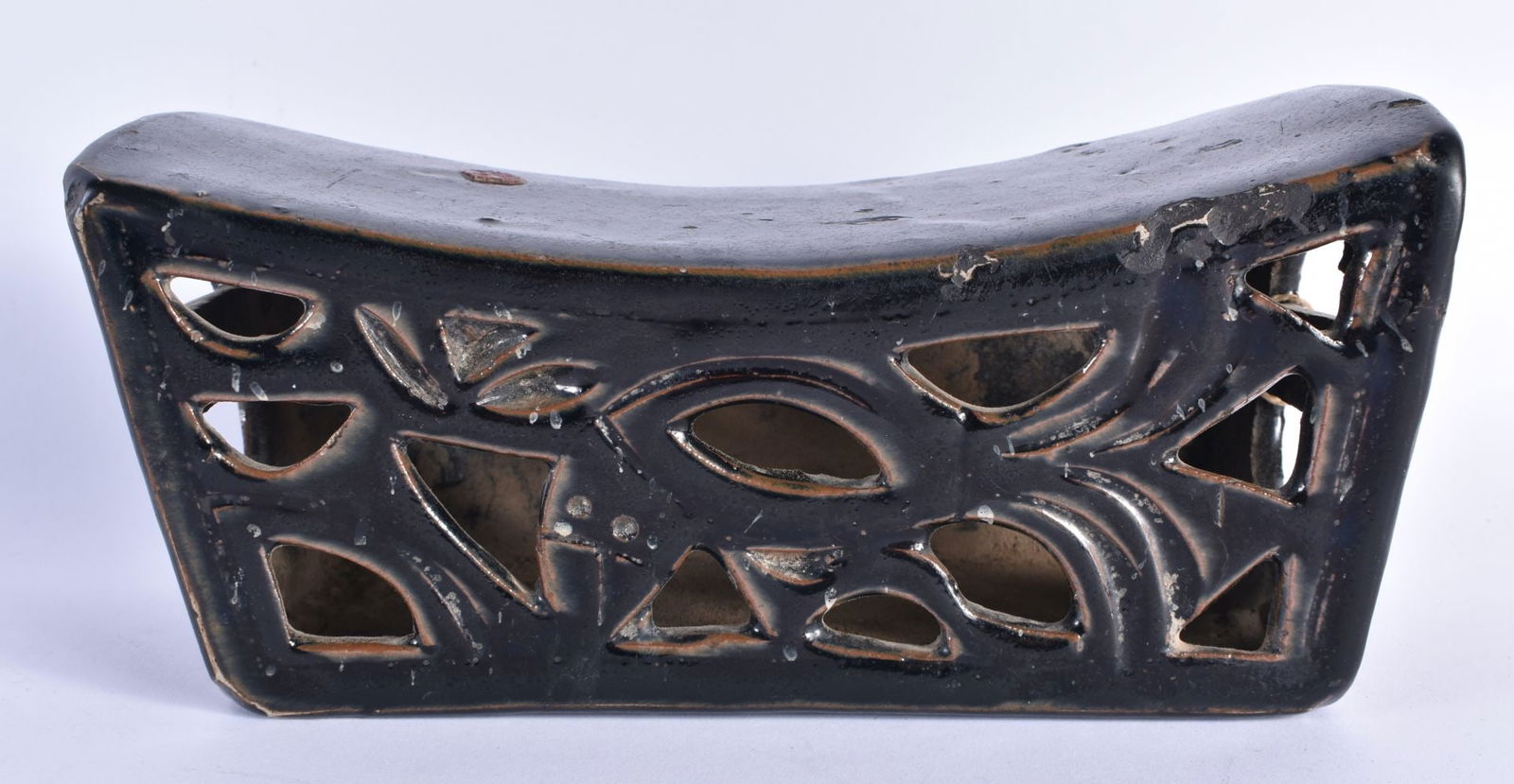 A 16TH/17TH CENTURY CHINESE BROWN AND BLACK GLAZED POTTERY PILLOW Late Ming. 24 cm x 10 cm. (1 of 5)
