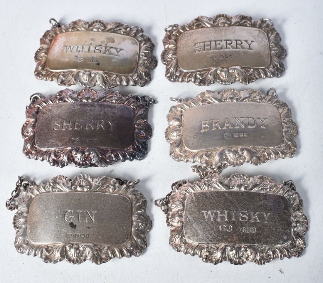 Six Silver Decanter Labels.. Hallmarked Birmingham and London between 1975 and 1982, 6cm x 4cn, tota (1 of 3)