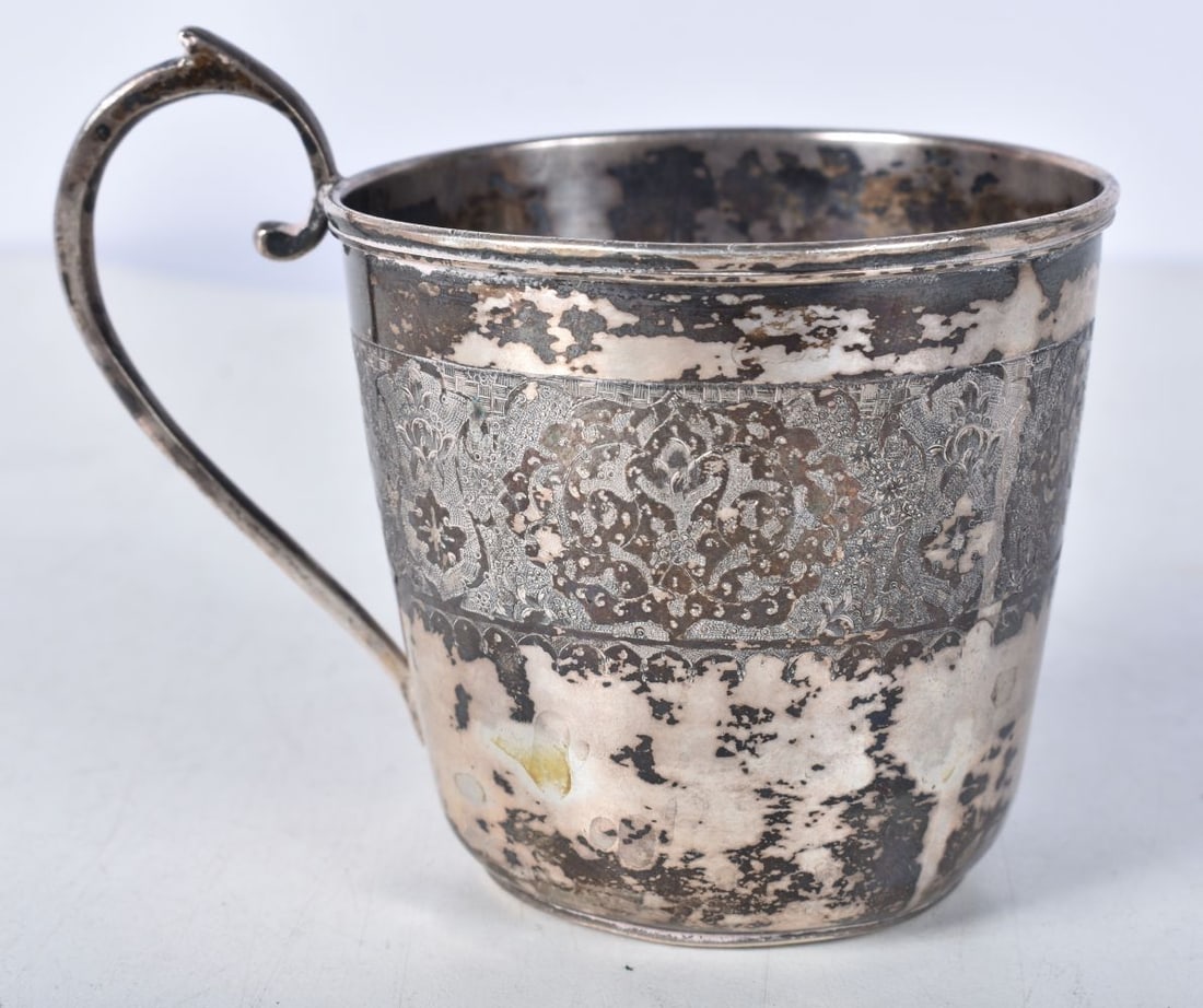 A Persian / Middle Eastern Cup with worn Niello Decoration.  Stamped 84 (XRF Tested for Purity).  8c (1 of 3)