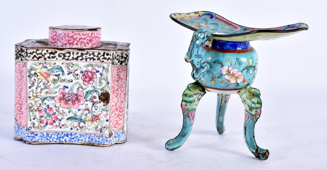 TWO 18TH CENTURY CHINESE CANTON ENAMEL WARES Qianlong. Largest 11 cm x 10 cm. (2) (1 of 8)