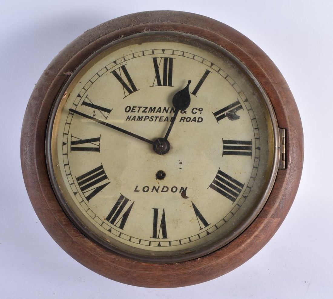 AN ANTIQUE OETZMANN & CO HAMPSTEAD ROAD LONDON WALL CLOCK. 33 cm wide. (1 of 4)
