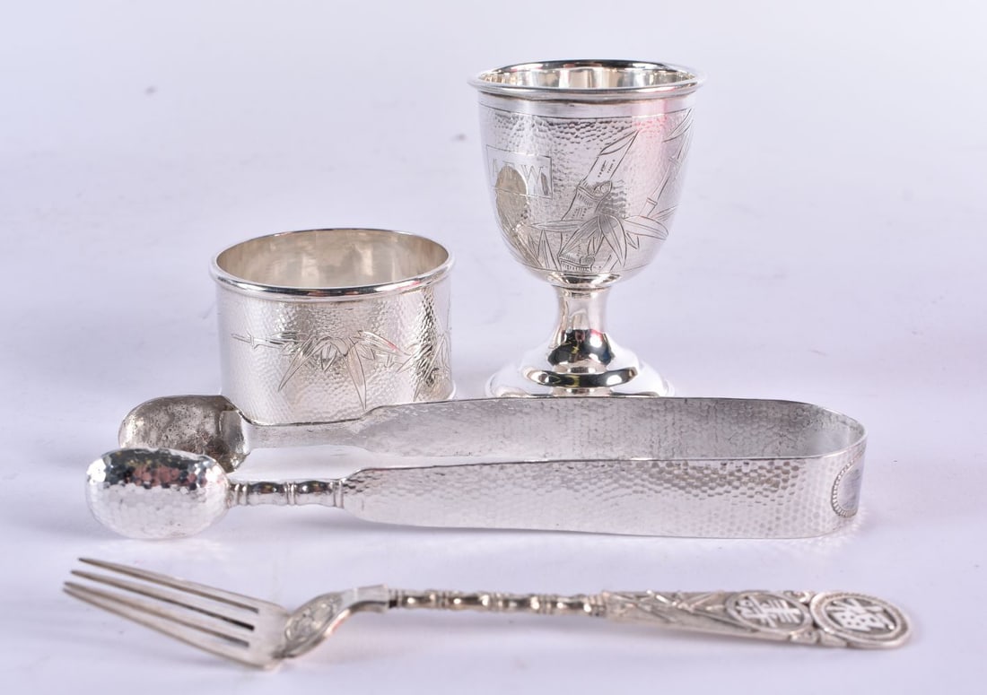 FOUR PIECES OF ANTIQUE ORIENTAL SILVER WARE. 89 grams. Largest 12 cm long. (4) (1 of 8)