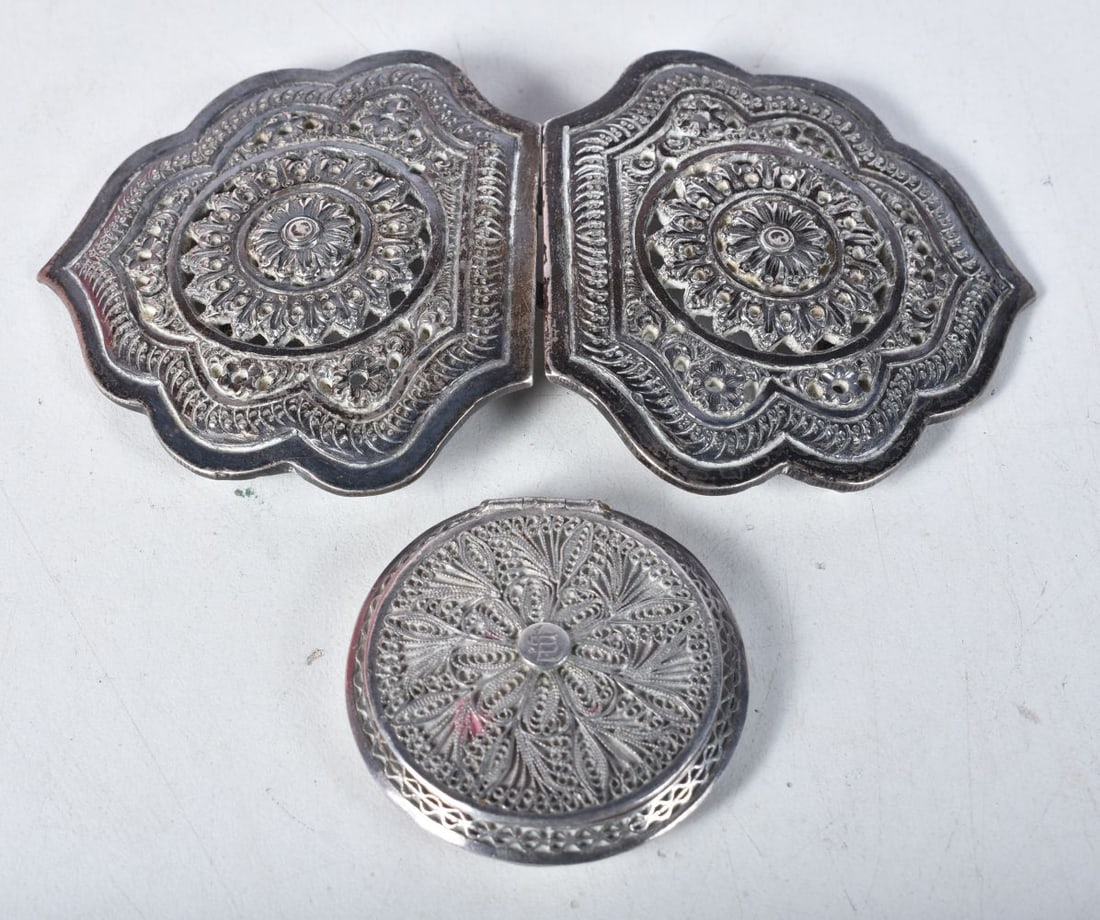 A Silver Belt Buckle and a Filigree Silver Compact.  XRF Tested for Purity.  Buckle 12.5cm x 6.8cm, (1 of 3)