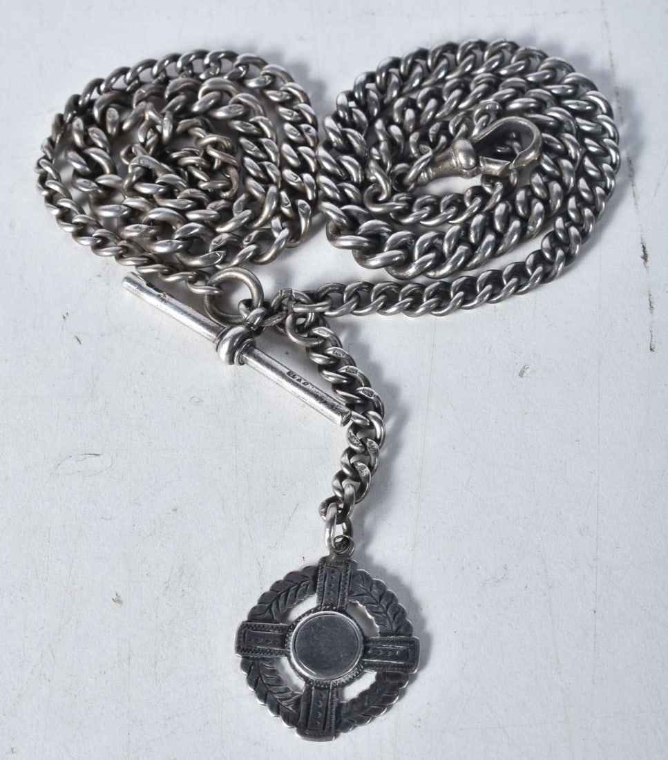 A Victorian Silver Watch Chain and Fob.  Hallmarked Birmingham 1899.  Length 65cn, weight 62g (1 of 4)