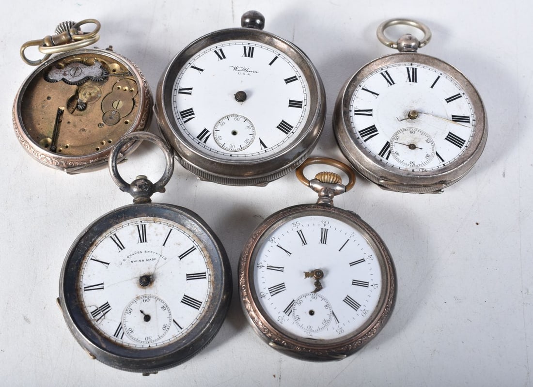 Five Silver Pocket Watches.  Stamped 925 and 935.  Largest 5.3cm diameter, total weight 260g, Not wo (1 of 2)