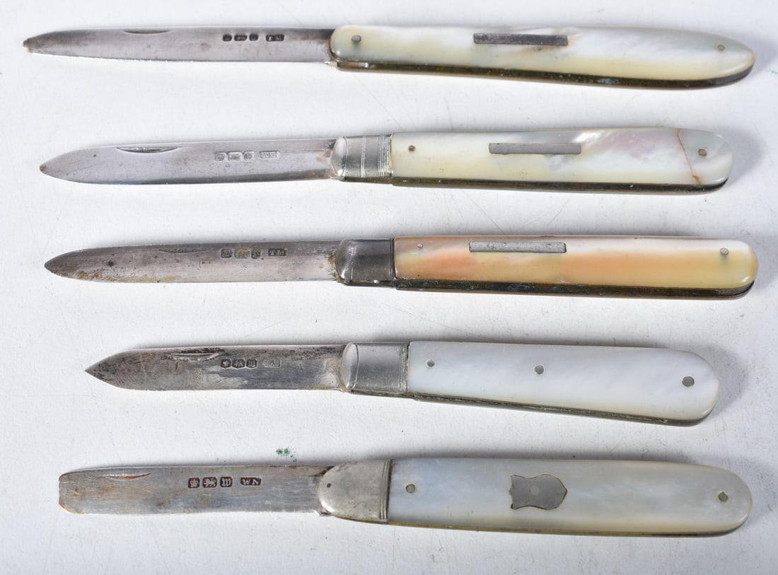 Five Victorian Silver Blade Fruit Knives with Mother of Pearl Handles. Hallmarks include Sheffield 1 (1 of 4)