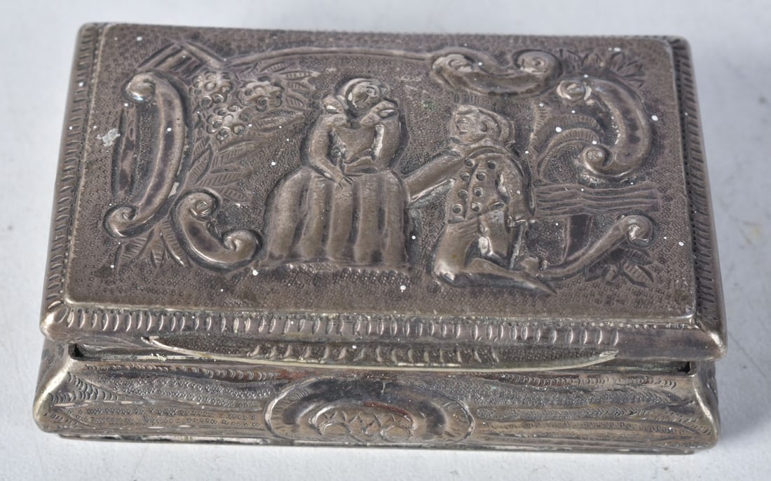 A Continental Silver Box and Cover with Embossed Figural Lid.  Foreign Marks.  XRF Tested for purity (1 of 4)