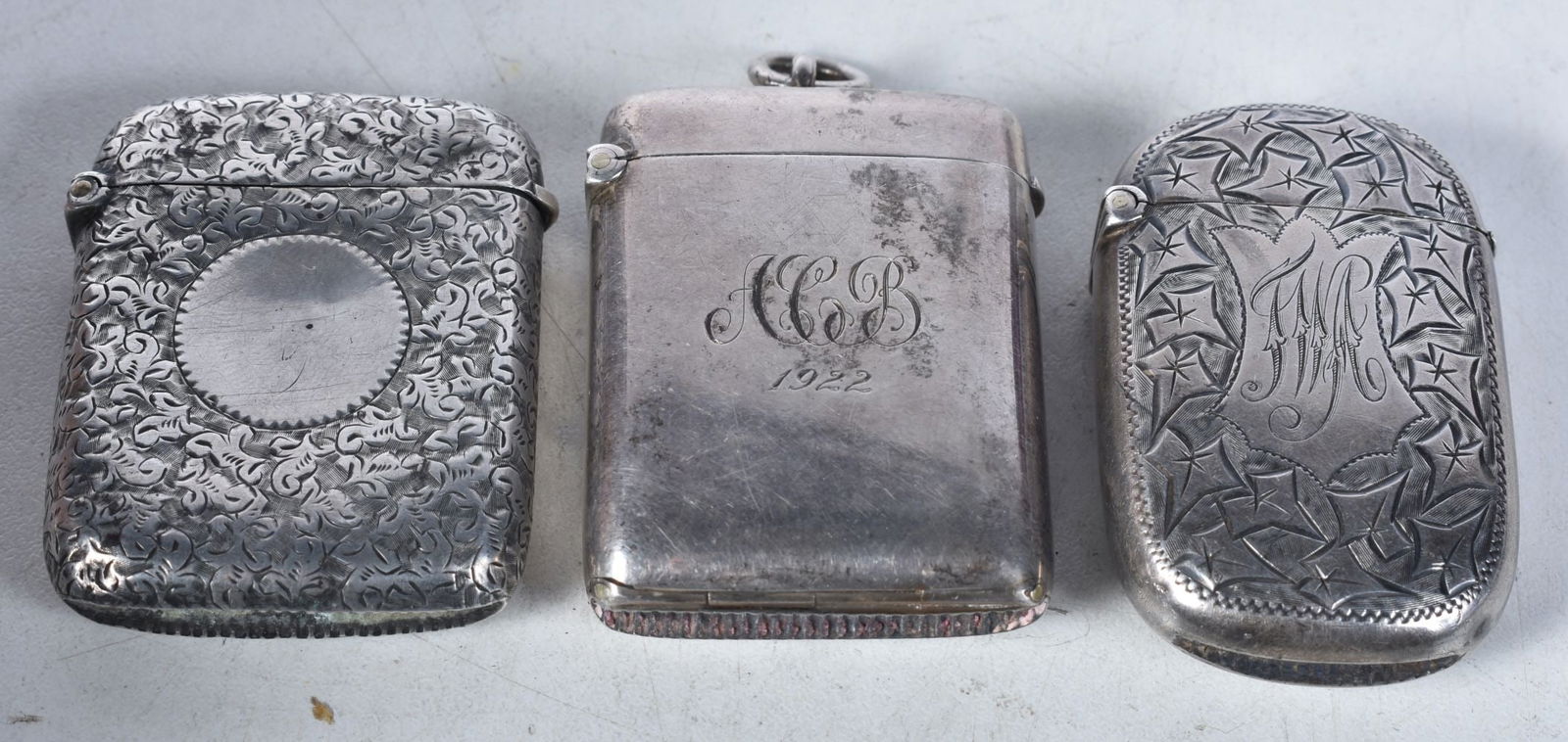 Three Victorian Silver Vesta Cases.  Various Marks incl Birmingham 1894.  Largest 4.9cm x 3.8cm x 1c (1 of 4)