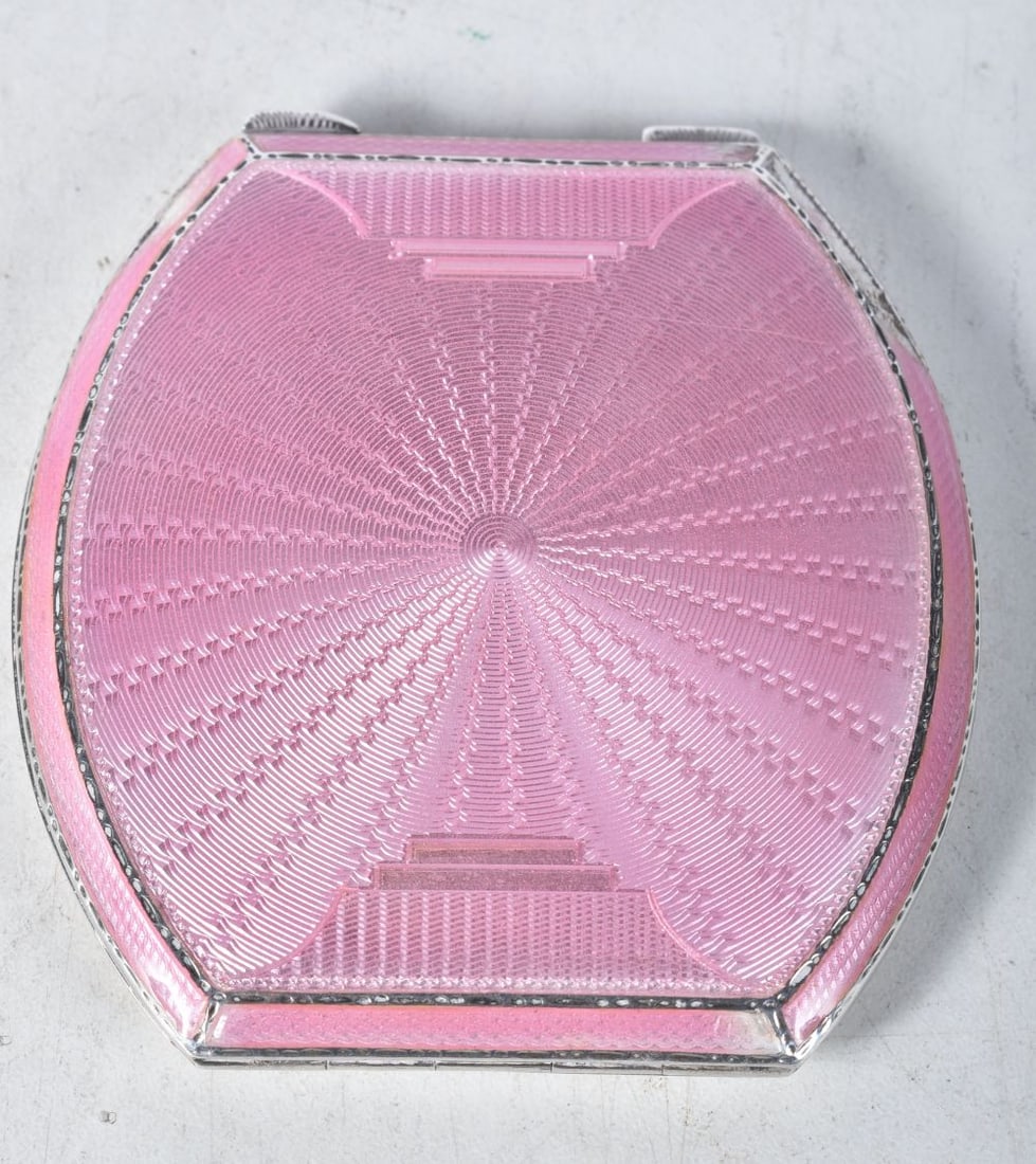 A Silver and Pink Guilloche Enamel Compact.  Hallmarked Birmingham 1935.  7.6cm x 7.3cm x 1cm, weigh (1 of 4)