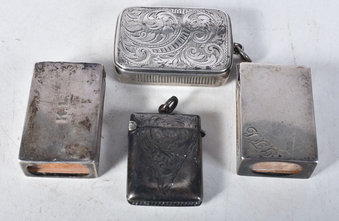 Two Antique Silver Vestas and Two Antique Silver Matchbox Covers.  Hallmarks for Chester and Birming (1 of 5)