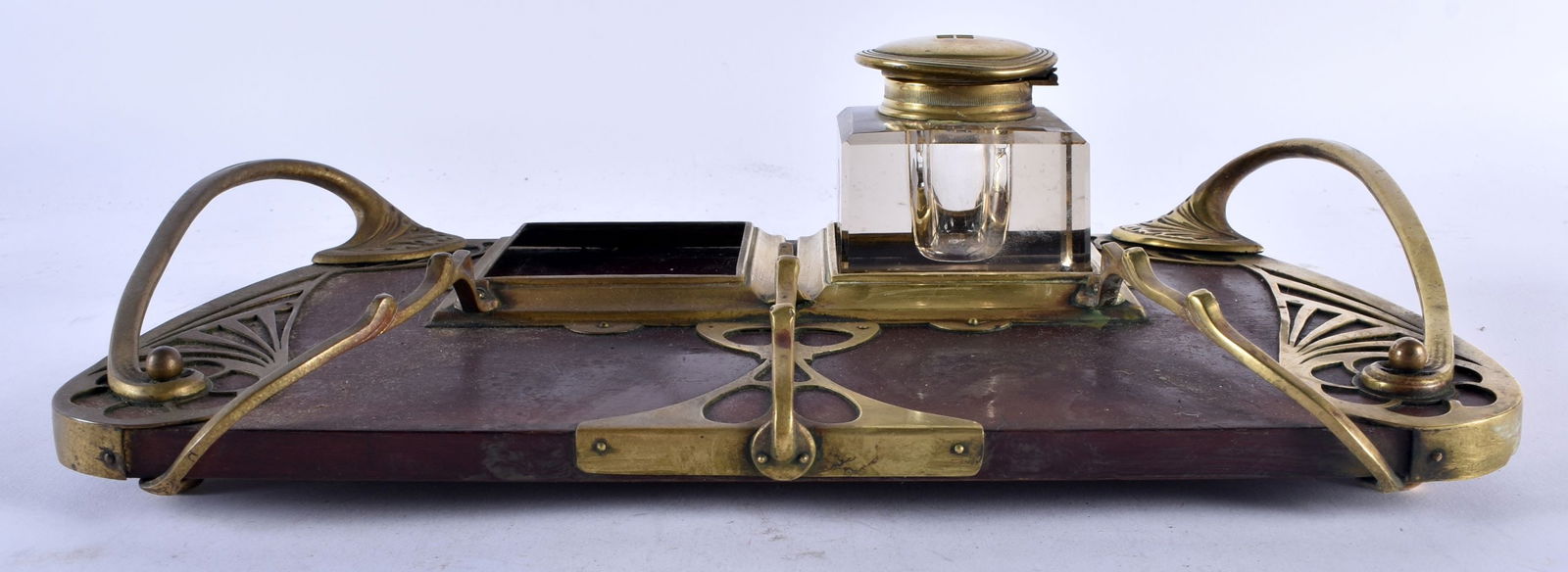 A STYLISH SECESSIONIST MOVEMENT BRONZE AND CARVED WOOD DESK STAND. 34 cm x 18 cm. (1 of 6)