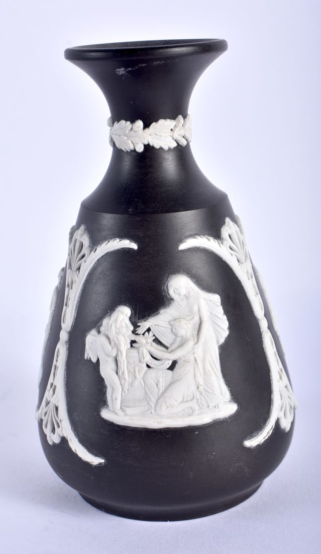 A WEDGWOOD BLACK BASALT CLASSICAL VASE. 12 cm high. (1 of 5)