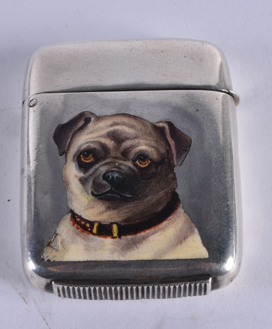 A LOVELY VICTORIAN SILVER AND ENAMEL PUG DOG VESTA CASE. 27.7 grams. London 1884. 5 cm x 4 cm. (1 of 4)
