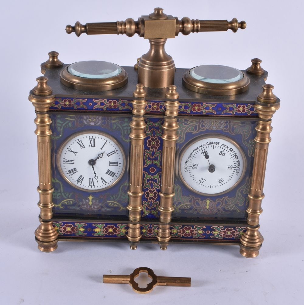 A CONTINENTAL CLOISONNE ENAMEL CLOCK BAROMETER DESK CLOCK. 12 cm x 13.5 cm. (1 of 6)