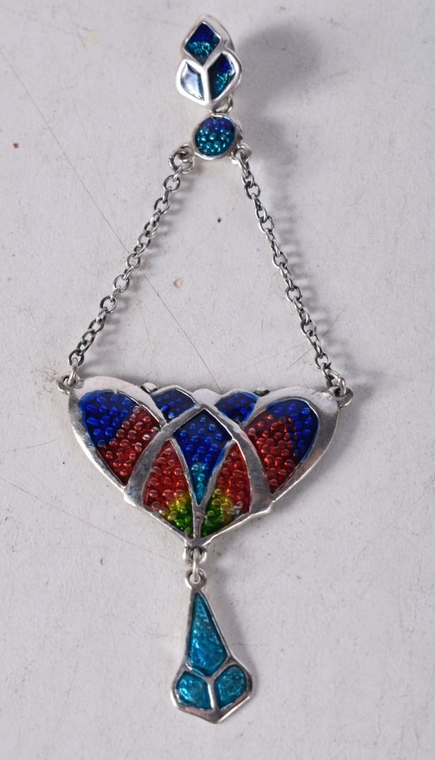 A Silver and Enamel Art Nouveau Style Pendant Necklace. Stamped Sterling. Pendant 8.3cm x 3.2cm, wei (1 of 2)