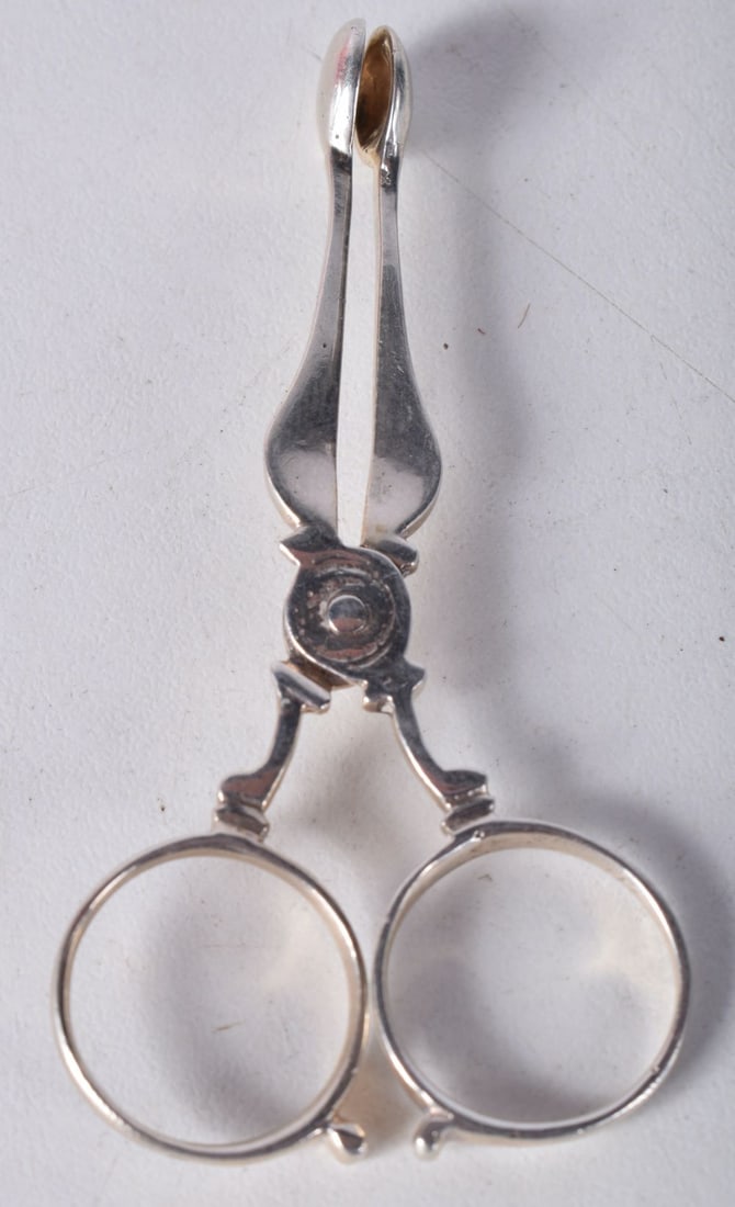 A PAIR OF RARE ANTIQUE MINIATURE SILVER SUGAR TONGS. 7.9 grams. 7 cm x 3.5 cm. (1 of 3)