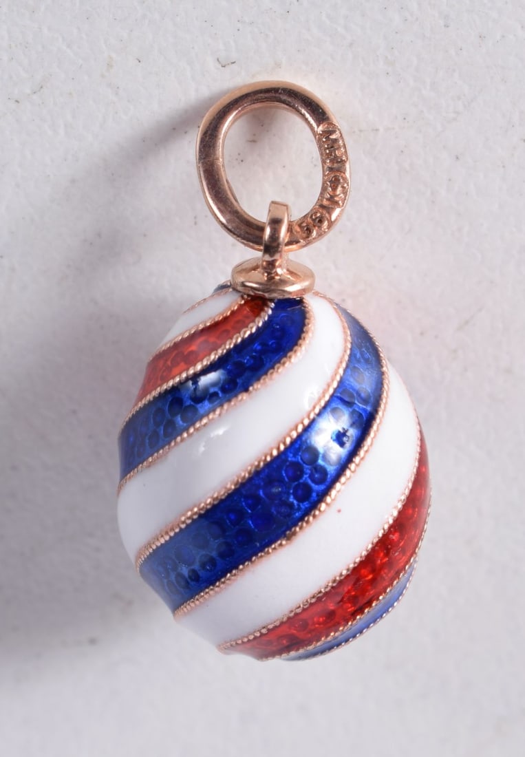 A Continental 14 Carat Gold and Enamel Egg Pendant with Red, White and Blue Stripes, Stamped 56, 2 c (1 of 2)