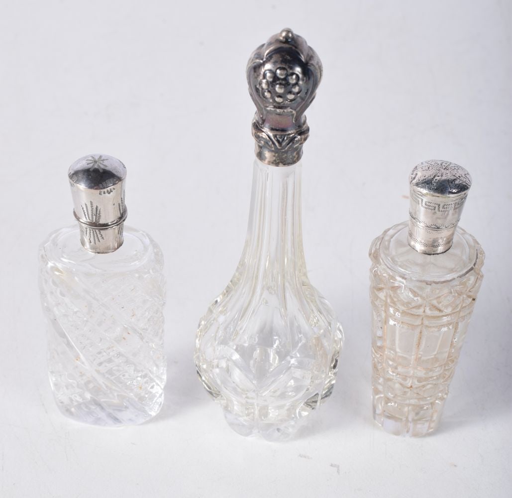 Three Glass Scent Bottles with Silver Tops. Stamped Sterling. Largest 12.6cm x 4.2cm (3) (1 of 3)