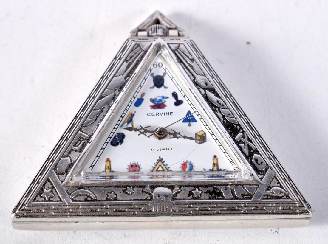 A SILVER CERVINE MASONIC POCKET WATCH. 5 cm x 5.5 cm. (1 of 2)