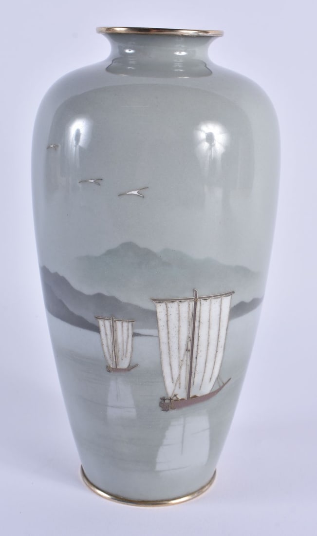 A RARE LATE 19TH CENTURY JAPANESE MEIJI PERIOD SILVER WIRE CLOISONNE ENAMEL VASE depicting boats at (1 of 6)