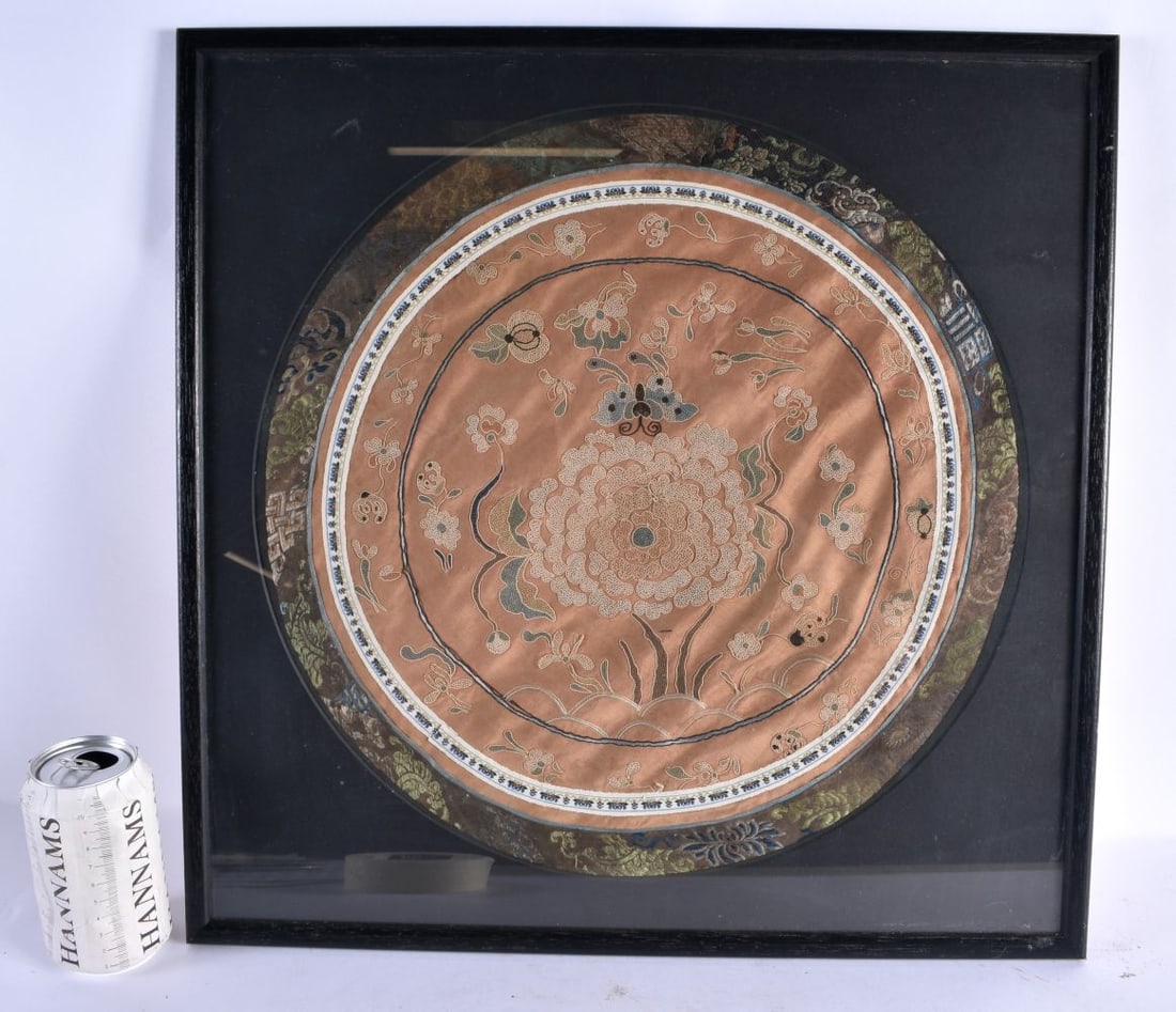 A LATE 19TH/20TH CENTURY CHINESE FRAMED ORANGE SILK WORK EMBROIDERED ROUNDEL Late Qing. 48cm wide. (1 of 5)