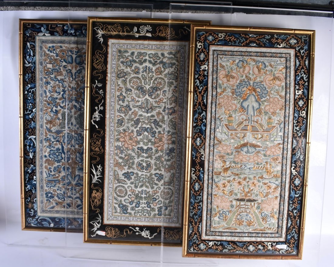 A SET OF THREE 19TH CENTURY CHINESE FRAMED EMBROIDERED SILK WORK PANELS Qing. 78 cm x 48cm. (3) (1 of 11)