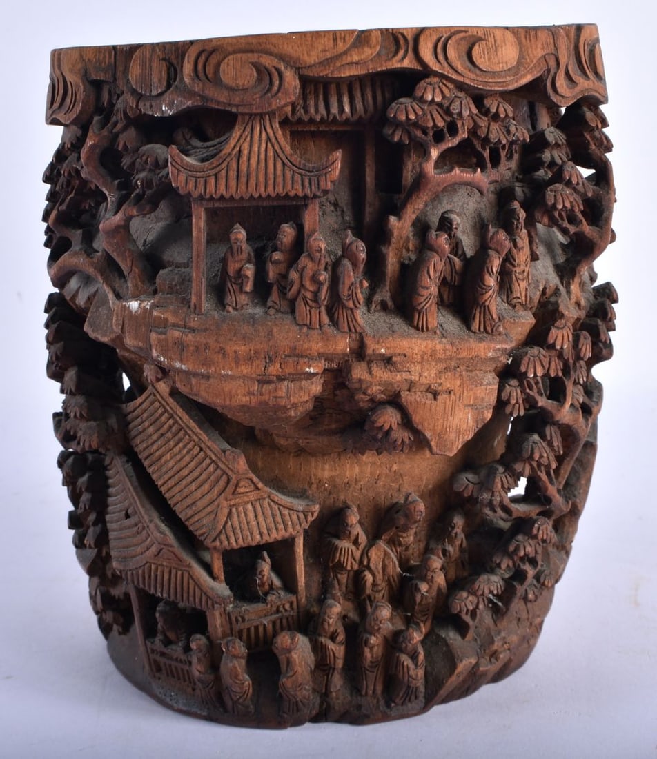 A FINE 18TH/19TH CENTURY CHINESE CARVED BAMBOO BRUSH POT Qing, deeply and intricately carved with fi (1 of 14)